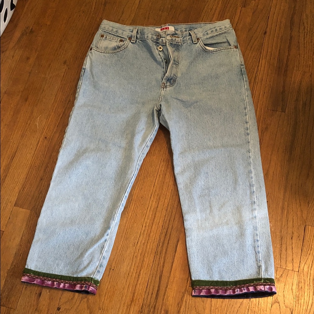 ABS Allen Schwartz Light Blue Boyfriend Jeans with Purple & Green Hem
